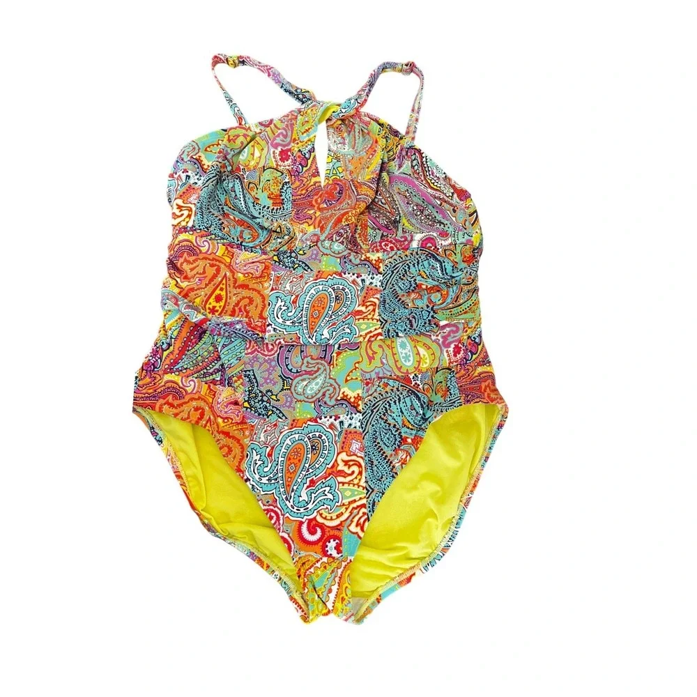 Bleu Rod Beattie Paisley Halter One‎ Piece Swimsuit Plus Size 16W Multi Color